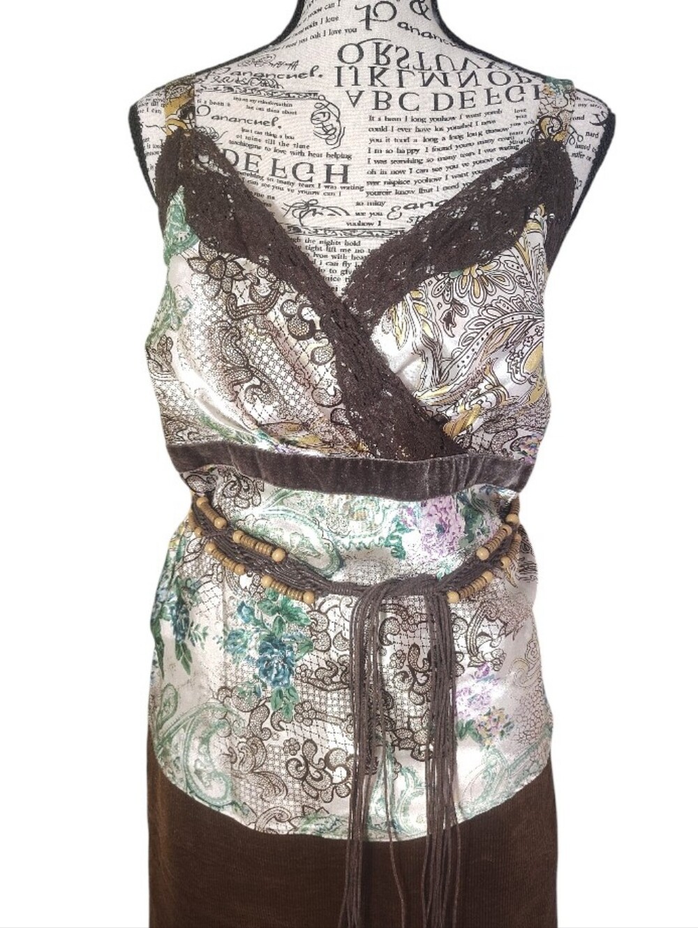 Y2K Lane Bryant Satin Paisley Print Velvet & Lace Trim Tank Top SZ 16 Festival